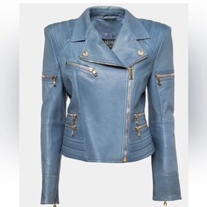 Balmain Light Blue Leather Jacket with Gold Accents. FINAL MARKDOWN